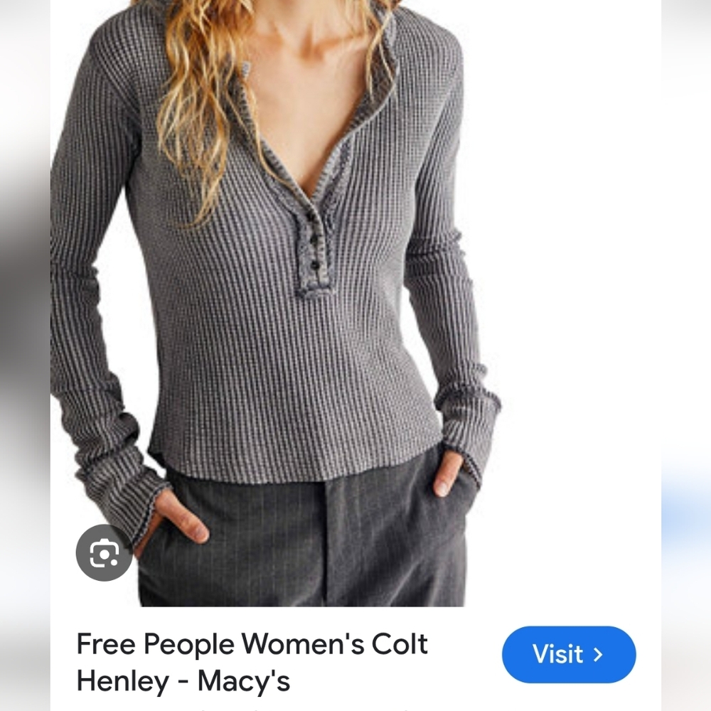 Free People One Henley Blue Textured Top Size Small - Picture 11 of 13